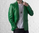 Men's Green Lambskin Leather Blazer Classic Button Coat - Image 4