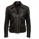 Men's Brown & Black Leather Studded Biker Jacket Vintage Moto Style