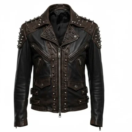 Men's Brown & Black Leather Studded Biker Jacket Vintage Moto Style