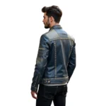 Handmade Studded Genuine Leather Biker Jacket Black & Beige Punk Rock