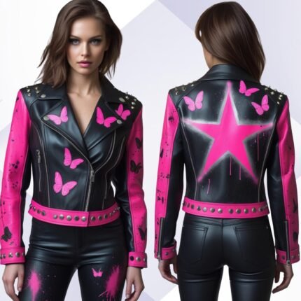 Handmade Leather Biker Jacket Pink Butterfly & Star Studded Punk Style