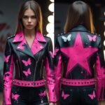 Handmade Leather Biker Jacket Pink Butterfly & Star Studded Punk Style