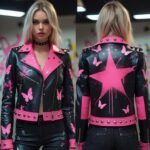 Handmade Leather Biker Jacket Pink Butterfly & Star Studded Punk Style - Image 2