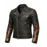 Distressed Flame Leather Jacket Handmade Biker Motorcycle Style