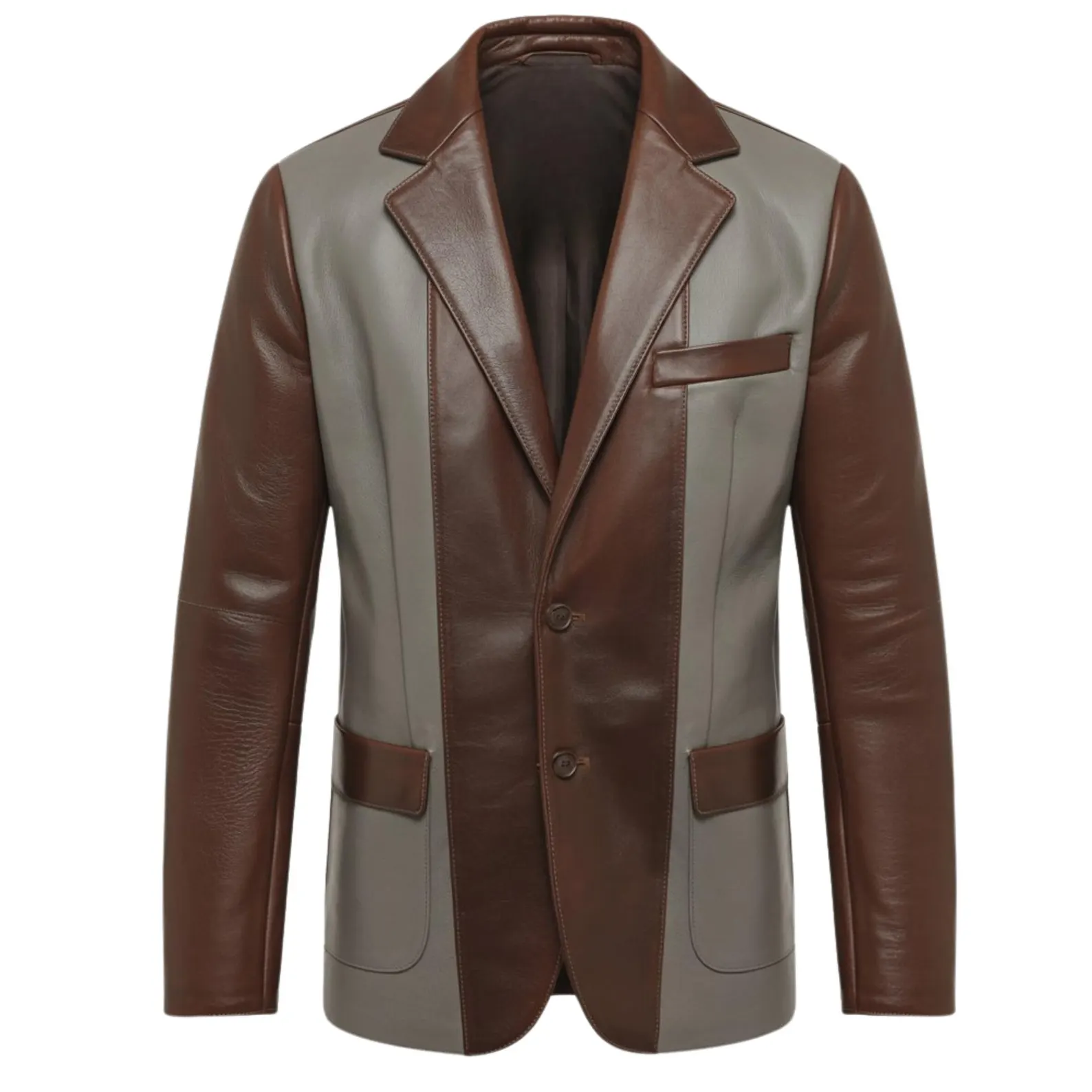 Handmade Two Tone Sheepskin Leather Blazer Men's Grey Brown Coat Handmade Two Tone Sheepskin Leather Blazer Men's Grey Brown Coat
