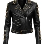 Men's Black Studded Leather Biker Jacket Handmade Punk Rock Moto Style