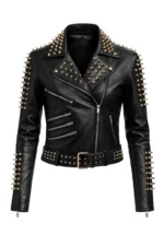Men's Black Studded Leather Biker Jacket Handmade Punk Rock Moto Style