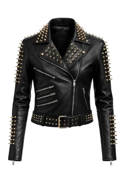Men's Black Studded Leather Biker Jacket Handmade Punk Rock Moto Style