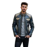 Handmade Studded Genuine Leather Biker Jacket Black & Beige Punk Rock - Image 2