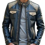 Handmade Studded Genuine Leather Biker Jacket Black & Beige Punk Rock
