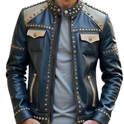 Handmade Studded Genuine Leather Biker Jacket Black & Beige Punk Rock