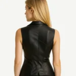 Women Black Leather Peplum Vest Fitted Deep V Neck Sleeveless Waistcoat Handmade Unique Vest