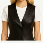 Women Black Leather Peplum Vest Fitted Deep V  Neck Sleeveless Waistcoat Handmade Unique Vest - Image 2