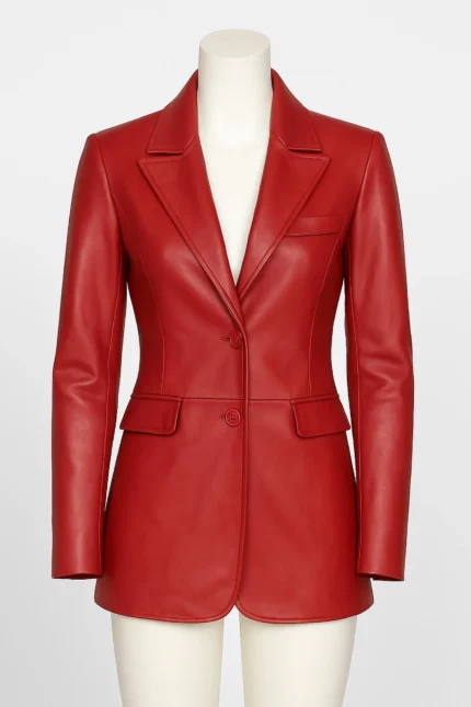 Women’s Red Leather Blazer Classic Fitted Genuine Leather Blazer