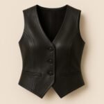 Women's Black Leather Vest Back View Sleeveless Biker Style with Adjustable Fit
