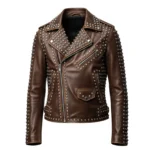 Men's Brown Studded Leather Biker Jacket Punk Rock Moto Style