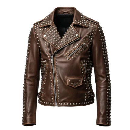 Men's Brown Studded Leather Biker Jacket Punk Rock Moto Style
