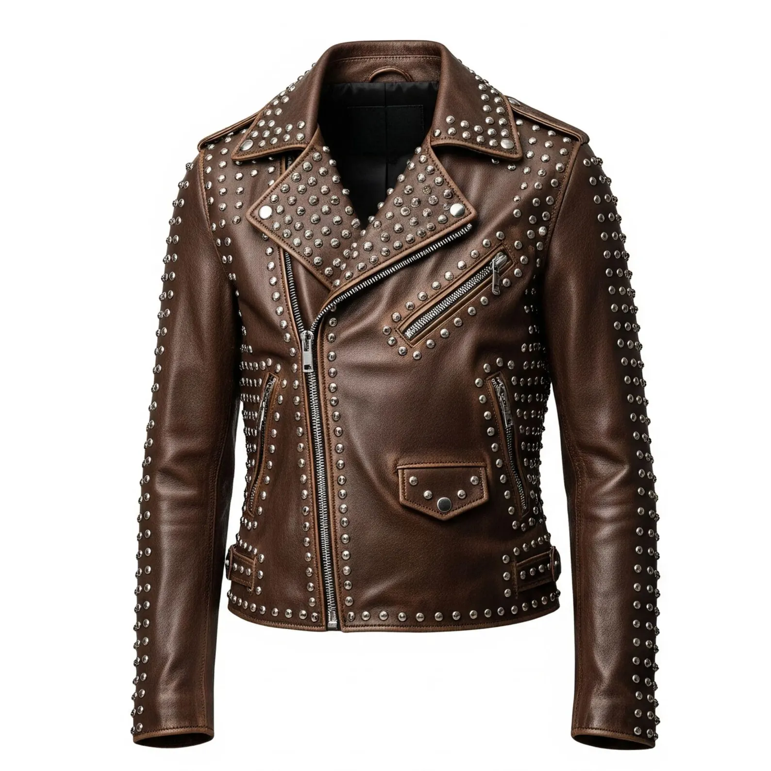 Men's Brown Studded Leather Biker Jacket Punk Rock Moto Style Men's Brown Studded Leather Biker Jacket Punk Rock Moto Style
