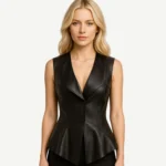 Women Black Leather Peplum Vest Fitted Deep V Neck Sleeveless Waistcoat Handmade Unique Vest