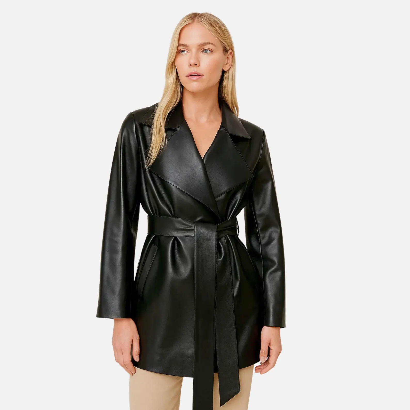 Black Lambskin Leather Belted Coat Short Trench Jacket Mid Length Coat Black Lambskin Leather Belted Coat Short Trench Jacket Mid Length Coat