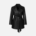 Black Lambskin Leather Belted Coat Short Trench Jacket Mid Length Coat