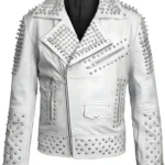 Handmade Brando Silver Spiked Studded Leather Jacket Cowhide Biker Style