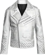 Handmade Brando Silver Spiked Studded Leather Jacket Cowhide Biker Style