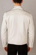Handmade White Studded Leather Biker Jacket Punk Rock Moto Style