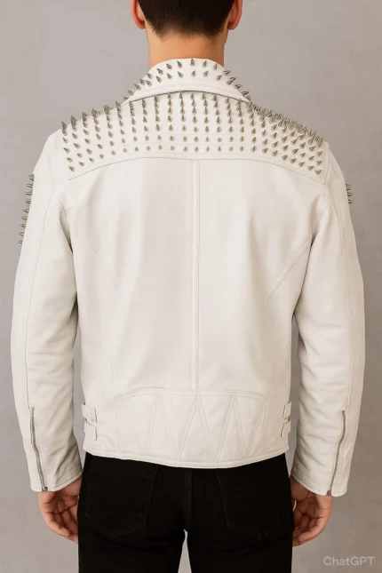 Handmade White Studded Leather Biker Jacket Punk Rock Moto Style