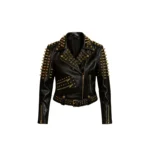 Women Golden Studded Leather Jacket Real Cowhide Biker Jacket with Spikes