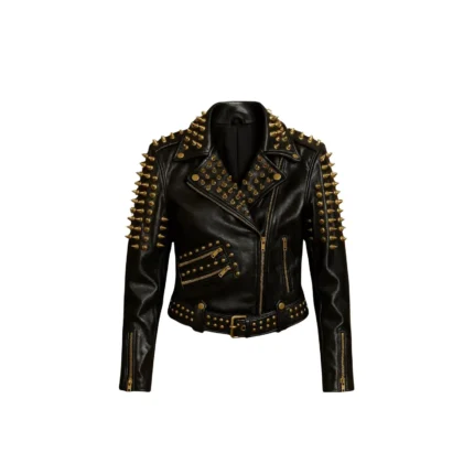 Women Golden Studded Leather Jacket Real Cowhide Biker Jacket with Spikes
