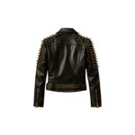 Women Golden Studded Leather Jacket Real Cowhide Biker Jacket with Spikes