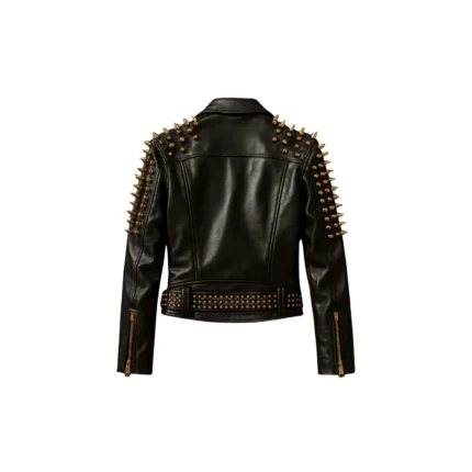 Women Golden Studded Leather Jacket Real Cowhide Biker Jacket with Spikes