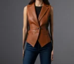 Women's Brown Genuine Cowhide Leather Vest Handmade Leather Tailored Fit with Buckle Closure & Notched Lapel