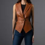 Women's Brown Genuine Cowhide Leather Vest Handmade Leather Tailored Fit with Buckle Closure & Notched Lapel