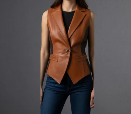 Women's Brown Genuine Cowhide Leather Vest Handmade Leather Tailored Fit with Buckle Closure & Notched Lapel