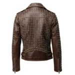 Men's Brown Studded Leather Biker Jacket Punk Rock Moto Style - Image 2