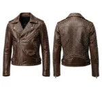 Men's Brown Studded Leather Biker Jacket Punk Rock Moto Style