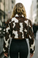 Women’s Cropped Cow Print Leather Jacket Vintage Western Streetwear Style