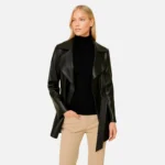 Black Lambskin Leather Belted Coat Short Trench Jacket  Mid Length Coat - Image 3