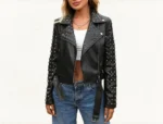 Women’s Black Studded Leather Biker Jacket Punk Rock Moto Style with Belted Waist - Image 2
