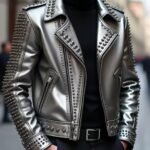 Men's Studded Skull Leather Biker Jacket Metallic Silver Punk Style
