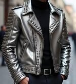 Men's Studded Skull Leather Biker Jacket Metallic Silver Punk Style