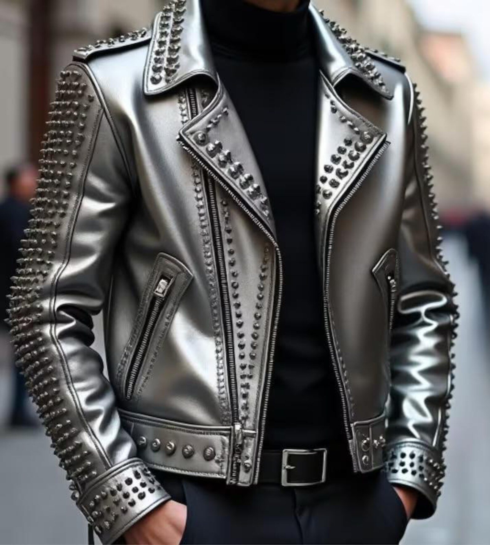 Men's Studded Skull Leather Biker Jacket Metallic Silver Punk Style Men's Studded Skull Leather Biker Jacket Metallic Silver Punk Style
