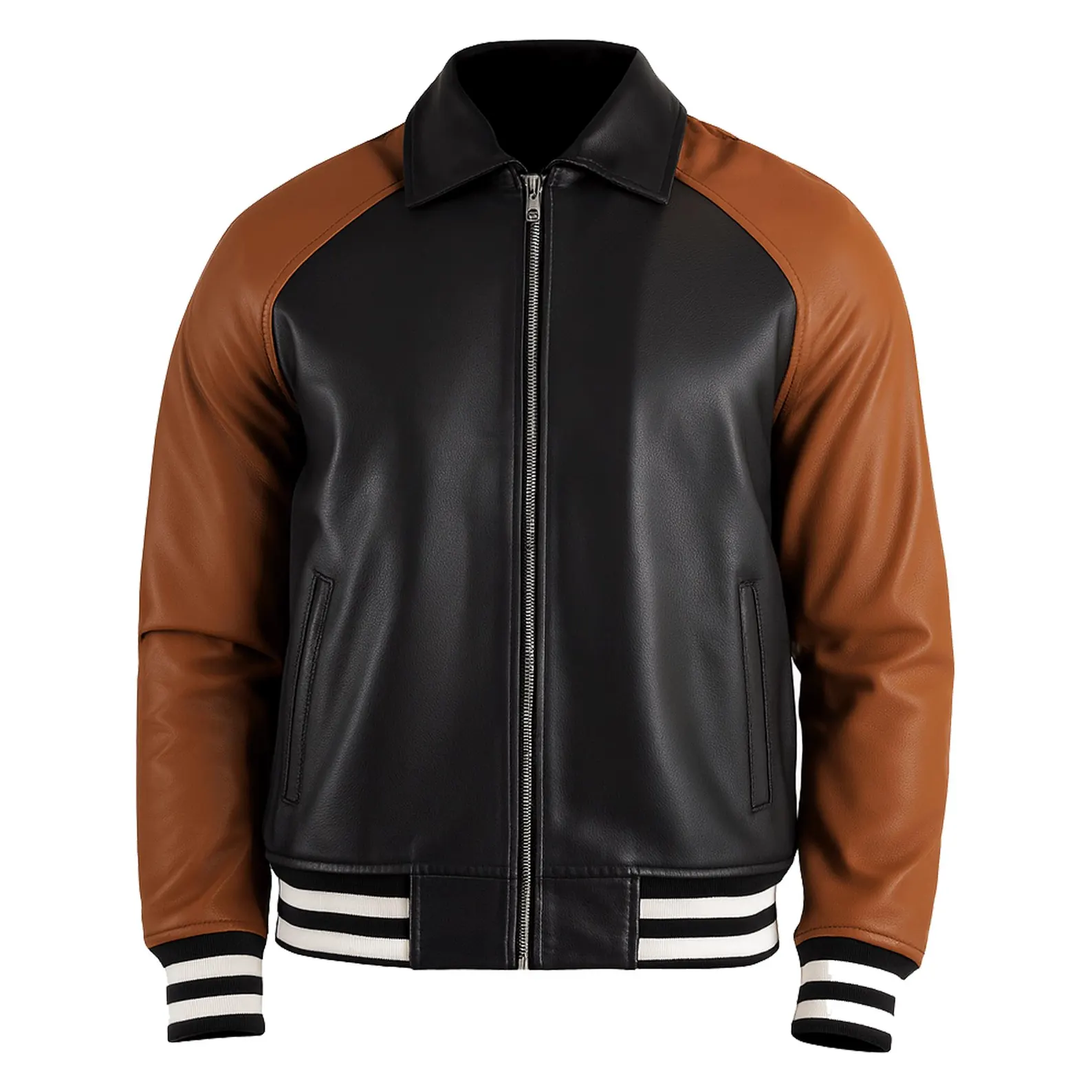 Vintage Inspired Leather Varsity Jacket Black & Tan Retro Bomber Vintage Inspired Leather Varsity Jacket Black & Tan Retro Bomber