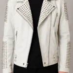 Handmade White Studded Leather Biker Jacket Punk Rock Moto Style