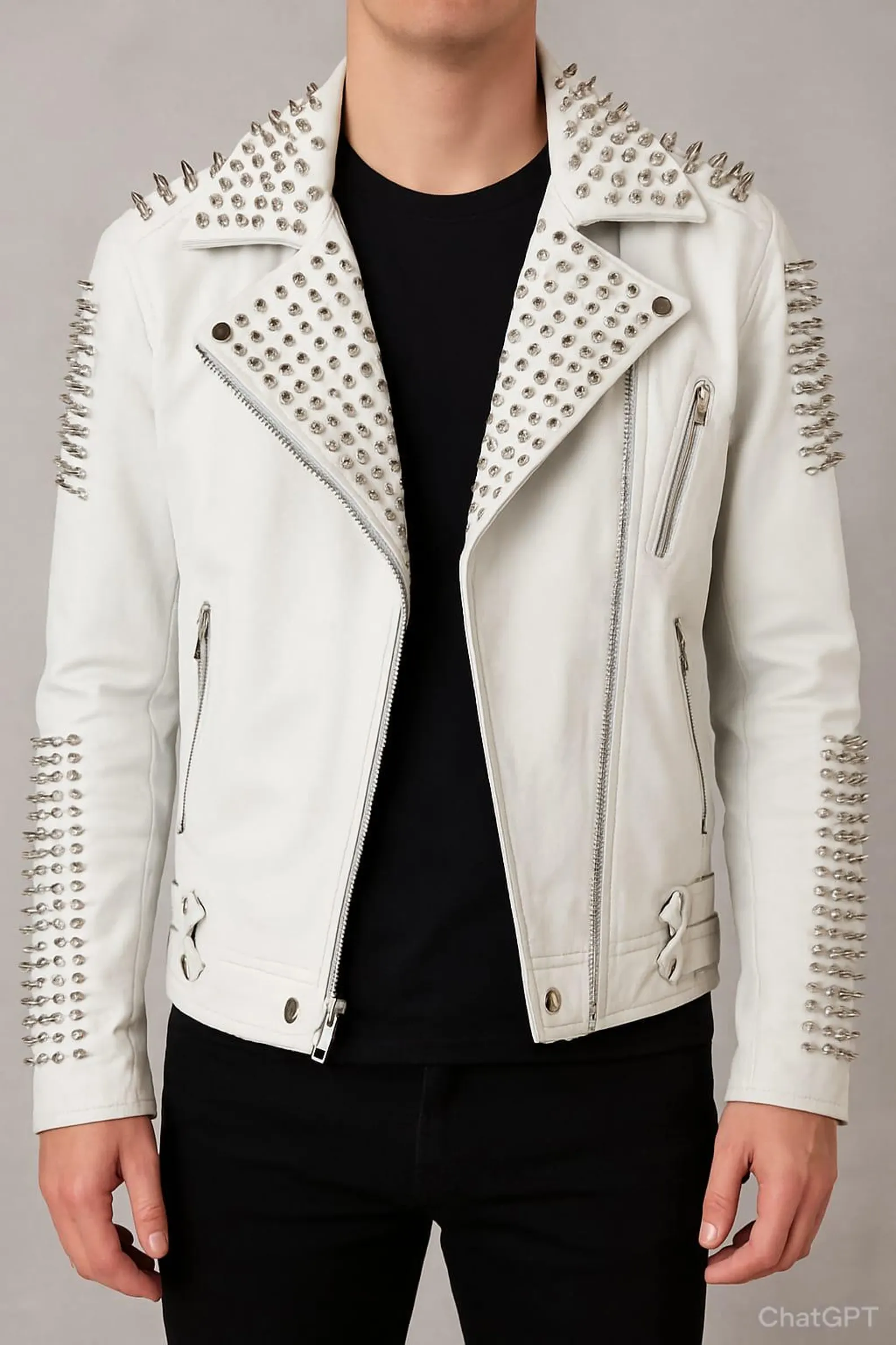 Handmade White Studded Leather Biker Jacket Punk Rock Moto Style Handmade White Studded Leather Biker Jacket Punk Rock Moto Style