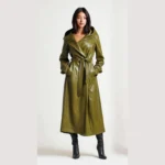 Vintage Green Sheepskin Leather Trench Coat Women Hooded Midi Trench Coat