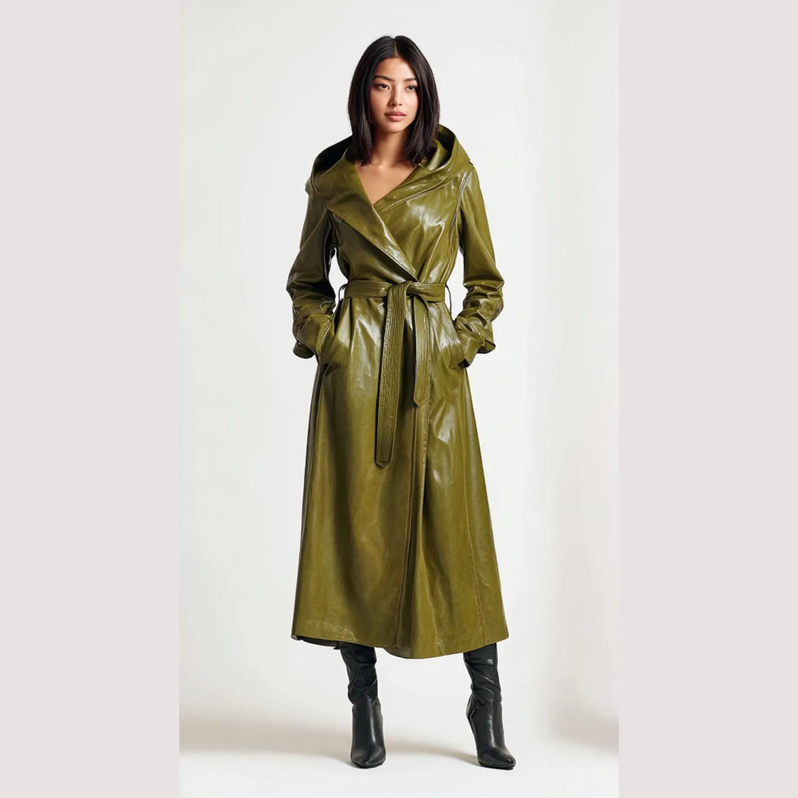 Vintage Green Sheepskin Leather Trench Coat Women Hooded Midi Trench Coat Vintage Green Sheepskin Leather Trench Coat Women Hooded Midi Trench Coat