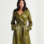 Vintage Green Sheepskin Leather Trench Coat Women Hooded Midi Trench Coat - Image 2